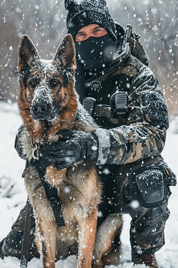 German Shepherd in winter conditions showing stable temperament under pressure